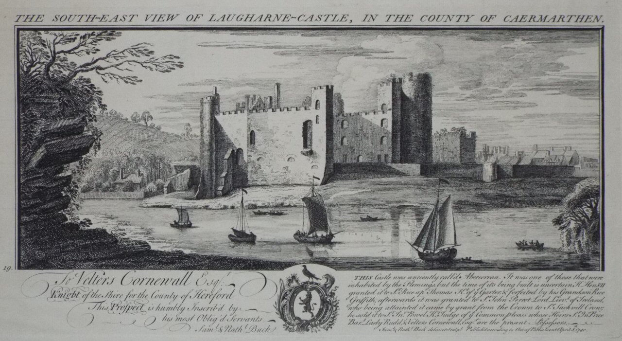 Chromo-lithograph - The South-East View of Laugharne-Castle, in the County of Carmarthen, - Buck